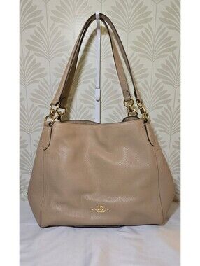 Coach 80208 Pebbled Leather Large Shoulder Bag Taupe Gold Burgundy